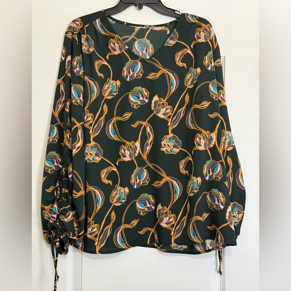 QVC XL Green and Gold Floral Blouse